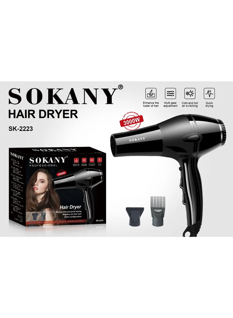 Sokany SK-2223 Professional 3000W Hair Dryer with 2 Speeds (Hot & Cold Air) - Black - Image 3